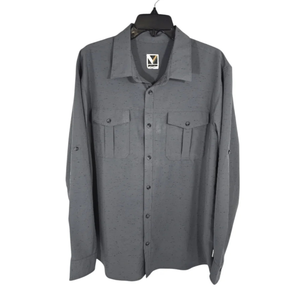 {Voyager} Mens Long-sleeve Button Down Blue Shirt in Grey Space Dye - Size Large